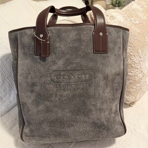 Coach Vintage Gray Suede/Brown Leather Tote Bag 5995 16.5x12.5